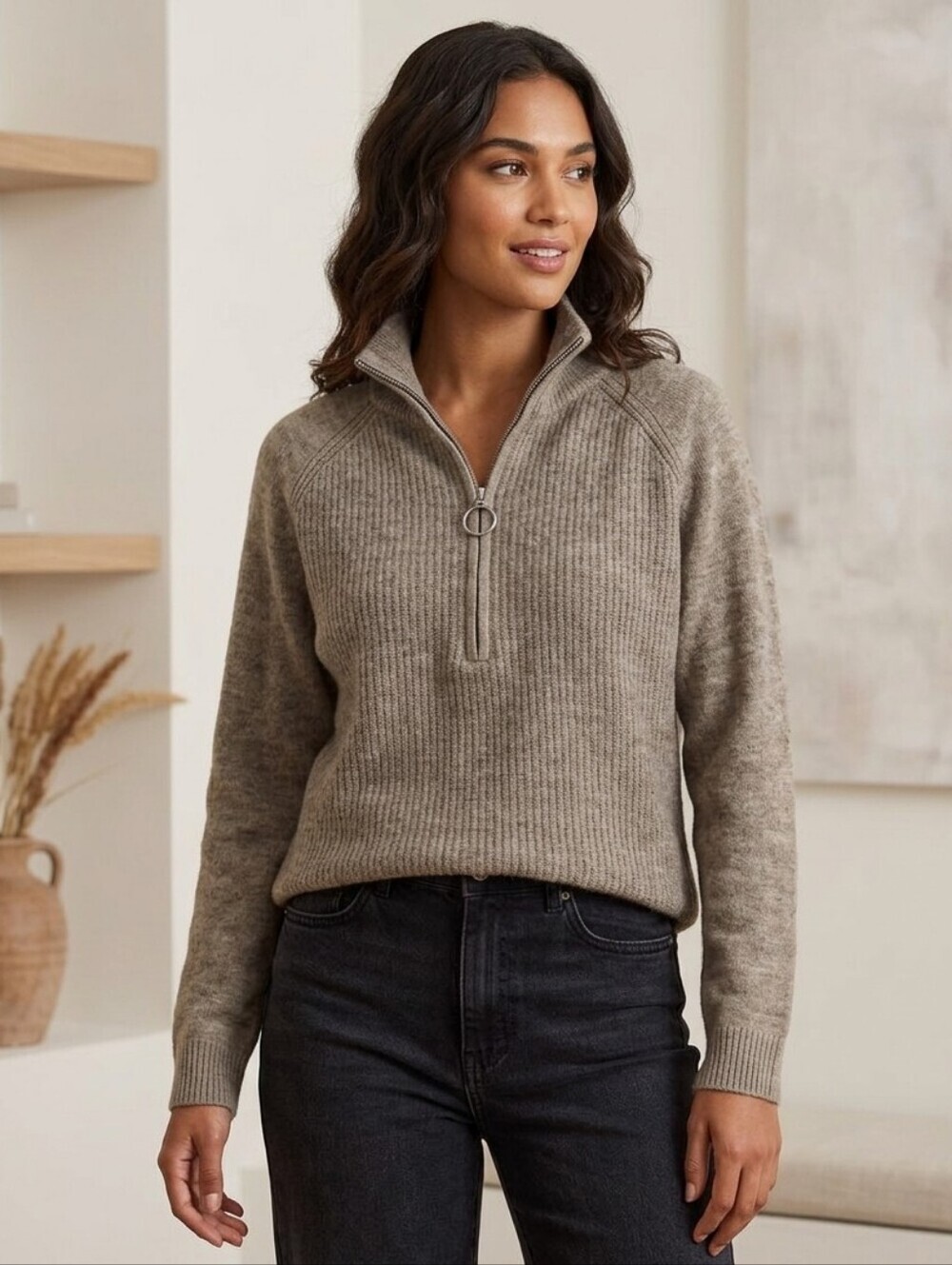 Half-Zip Mock Neck Sweater - Taupe